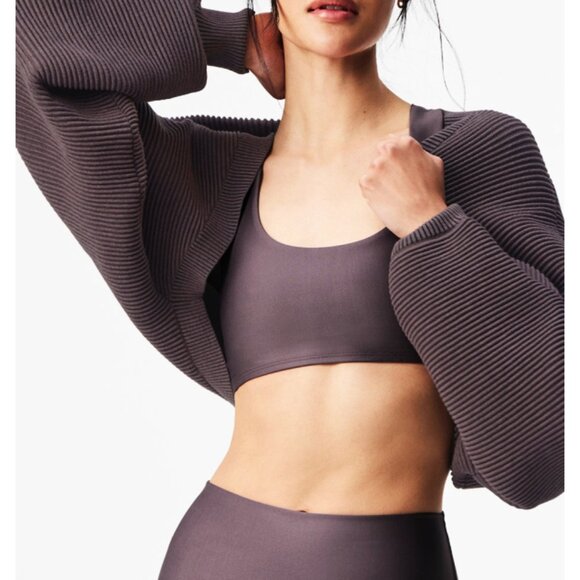 Alo Denim Knit Shawl Raisinette Oversized Relaxed Cropped Sweater Shrug Bolero - Picture 4 of 16